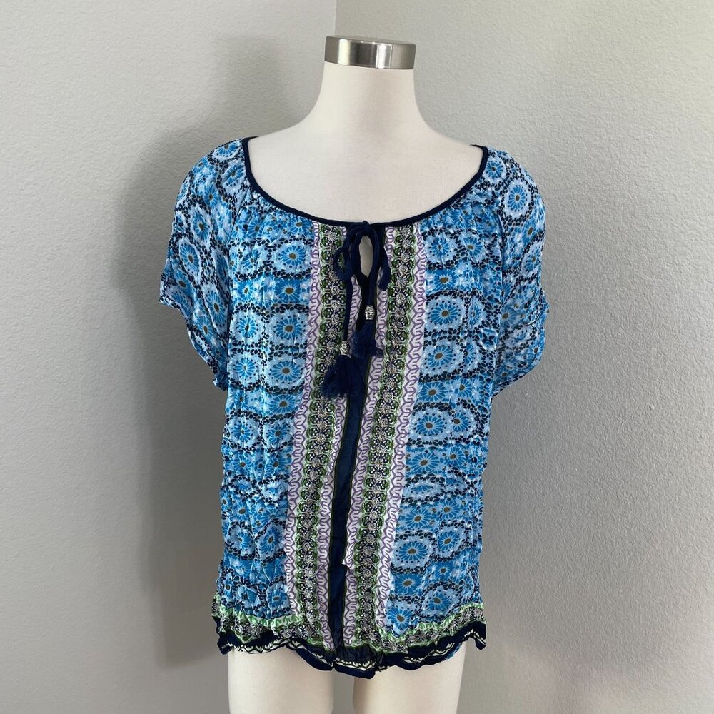 Bila‎ Womens Plus XXL Rayon Paisley Peasant Top Blue Green Boho Tie Neck Blouse